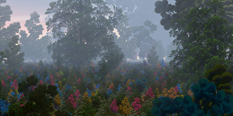 Obraz na płótnie Canvas Colorful fantasy forest. Abstract imaginary plants. Vivid concept art scenery. 2d illustration.