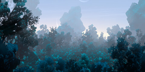 Colorful fantasy forest. Abstract imaginary plants. Vivid concept art scenery. 2d illustration.