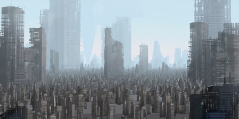 Skyscraper ruins. Apocalypse aerial view. Futuristic abandoned city. Calm downtown scene. Financial district remnants.