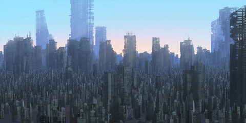 Fototapeta premium Skyscraper ruins. Apocalypse aerial view. Futuristic abandoned city. Calm downtown scene. Financial district remnants.