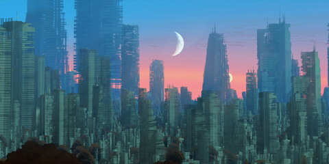 Skyscraper ruins. Apocalypse aerial view. Futuristic abandoned city. Calm downtown scene. Financial district remnants.