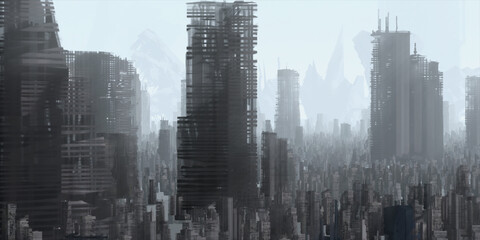 Skyscraper ruins. Apocalypse aerial view. Futuristic abandoned city. Calm downtown scene. Financial district remnants.