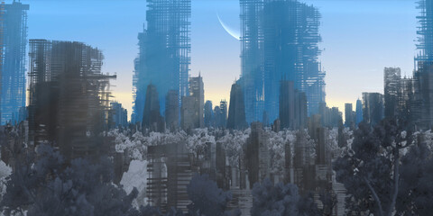 Fototapeta premium Skyscraper ruins. Apocalypse aerial view. Futuristic abandoned city. Calm downtown scene. Financial district remnants.