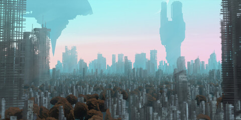 Skyscraper ruins. Apocalypse aerial view. Futuristic abandoned city. Calm downtown scene. Financial district remnants. © Jakub