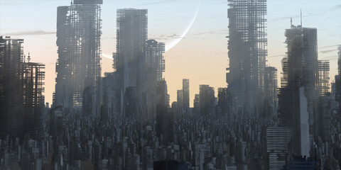 Skyscraper ruins. Apocalypse aerial view. Abandoned city. Calm downtown scene. Financial district remnants. © Jakub