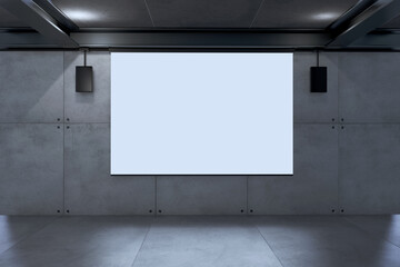 Blank projecter white screen on duty in the room.3D render.