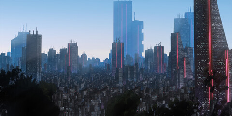 Cityscape skyline. Aerial view of downtown. Calm scene. Financial district. Skyscrapers with lights.