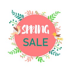 Spring sale poster design. Poster design with bright spring leaves. Cute illustration. 