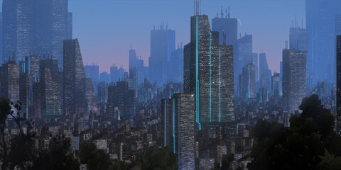 Obraz premium Cityscape skyline. Aerial view of downtown. Calm scene. Financial district. Skyscrapers with lights.