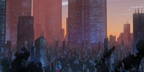 Cityscape skyline. Aerial view of downtown. Calm scene. Financial district. Skyscrapers with lights. © Jakub
