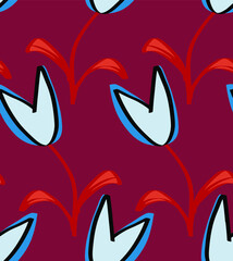 Fototapeta premium Abstract Hand Drawing Heart Shape Tulips and Leaves Repeating Vector Pattern Isolated Background
