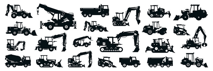 Big black-white set of construction equipment. Collection of commercial equipment for construction work. Excavator, bulldozer, tractor, loader, concrete mixer, asphalt paver. Vector illustration. - obrazy, fototapety, plakaty