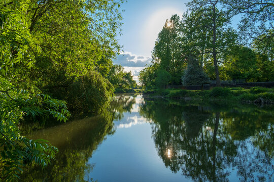 The River Mole, Near Esher, Surrey, England, UK. The tree-lined river and still water creates a tranquil scene.