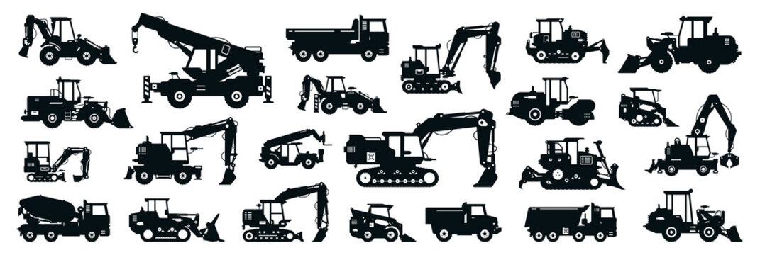 Big black-white set of construction equipment. Collection of commercial equipment for construction work. Excavator, bulldozer, tractor, loader, concrete mixer, asphalt paver. Vector illustration.
