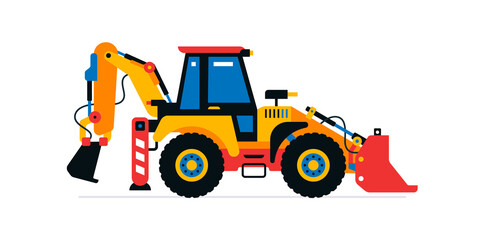 Fototapeta premium Construction machinery, tractor, excavator, loader. Commercial vehicles for work on the construction site. Vector illustration isolated on white background