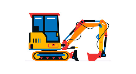 Construction machinery, mini excavator. Commercial vehicles for work on the construction site. Vector illustration isolated on white background