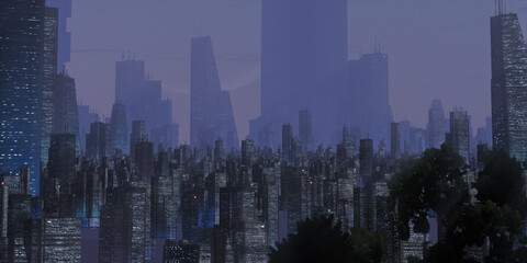 Fototapeta premium Cityscape skyline. Aerial view of downtown. Calm sunset scene. Financial district. Skyscrapers with lights. 