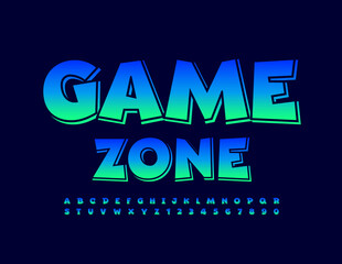 Vector modern banner Game Zone. Playful shiny Font. Funny creative Alphabet Letters and Numbers set
