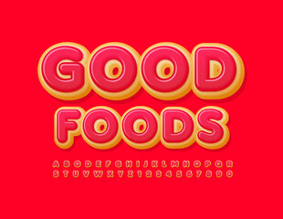 Vector creative sign Good Foods. Tasty bright Font. Delicious Donut Alphabet Letters and Numbers set