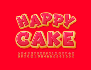 Vector bright emblem Happy Cake. Pink glazed Font. Creative Donut Alphabet Letters and Numbers set