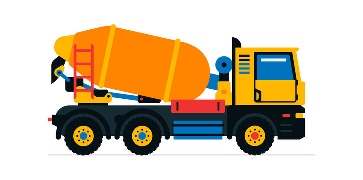 Construction machinery, concrete mixer. Commercial vehicles for work on the construction site. Vector illustration isolated on white background