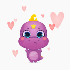 Cartoon cute dinosaur with hearts. Little kissing dino kid character. Creative layout for for valentines, wedding or birthday. Vector illustration.