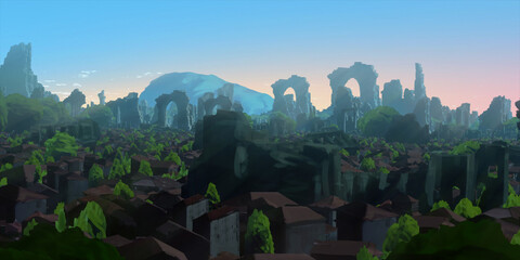 Imaginary scenery. Abstract medieval fantasy world. Concept art landscape. 2d illustration. Ancient ruins.