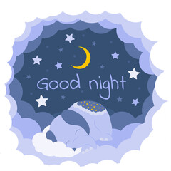 Sleeping little baby elephant on fluffy clouds under the sky full of stars. Good night text. Vector. Flat design illustration