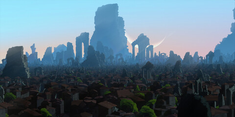 Imaginary scenery. Abstract medieval fantasy world. Concept art landscape. 2d illustration. Ancient ruins.