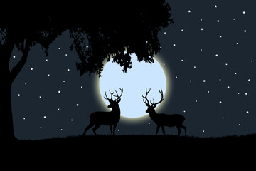 Silhouette of two deer under the tree on full moon night