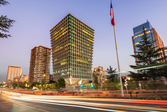 Cityscape Modern corporate buildings and residential buildins in Apoquindo Avenue at the wealthy district of Las Condes in Santiago de Chile.