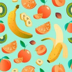 pattern with oranges, peaches and bananas. digital banana pattern. colourful fresh fruit and juice vector background.fruit background illustration for textile and package. fruit pattern