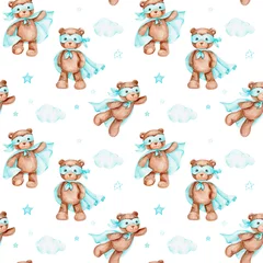 Fotobehang Seamless pattern with teddy bears superheros  watercolor hand drawn illustration  with white isolated background © Нина Новикова