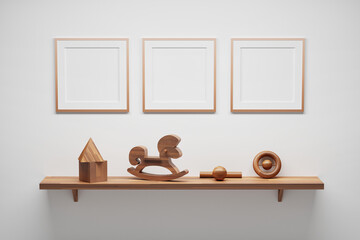 Mockup template with three wooden square blank frames and shelf with wooden kids children toys