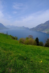 A view on the Lucern Lake, from the small swiss village of Vollingen. Seelisberg, Switzerland, the 26th April 2021.