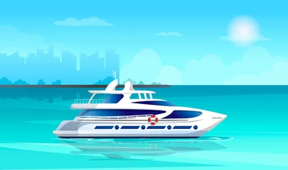Foto op Canvas A white yacht in the azure sea with the city landscape in the background. Snow-white boat against the backdrop of the urban landscape. Vector illustration. © GN.STUDIO