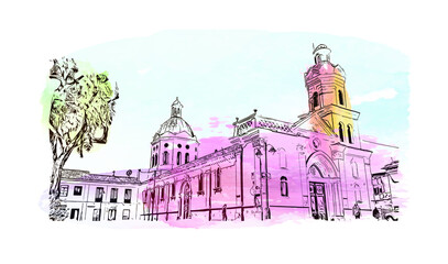 Building view with landmark of Cuenca is the 
city in Ecuador. Watercolor splash with hand drawn sketch illustration in vector. - obrazy, fototapety, plakaty