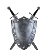 Fotobehang Medieval shield with two crossed swords isolated on white background © Jakub Krechowicz