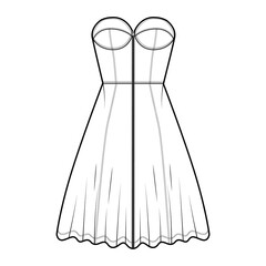 Zip-up dress bustier denim technical fashion illustration with sleeveless, strapless, fitted body, knee length A-line skirt. Flat apparel front, white color style. Women, men unisex CAD mockup
