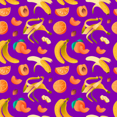 pattern with oranges, peaches and bananas. digital banana pattern. colourful fresh fruit and juice vector background.fruit background illustration for textile and package. fruit pattern