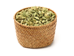 Green cardamom pods on white background