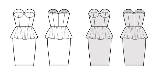Peplum bustier dress technical fashion illustration with strapless, cups, fitted body, knee length skirt. Flat garment apparel front, back, white grey color style. Women, men unisex CAD mockup