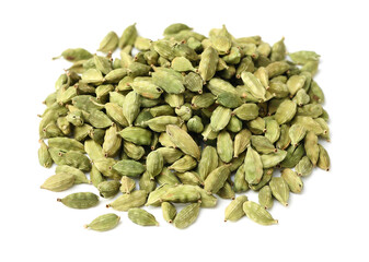 Green cardamom pods on white background