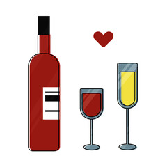 Vector illustration with one wine bottle and two wineglass of red wine and champagne