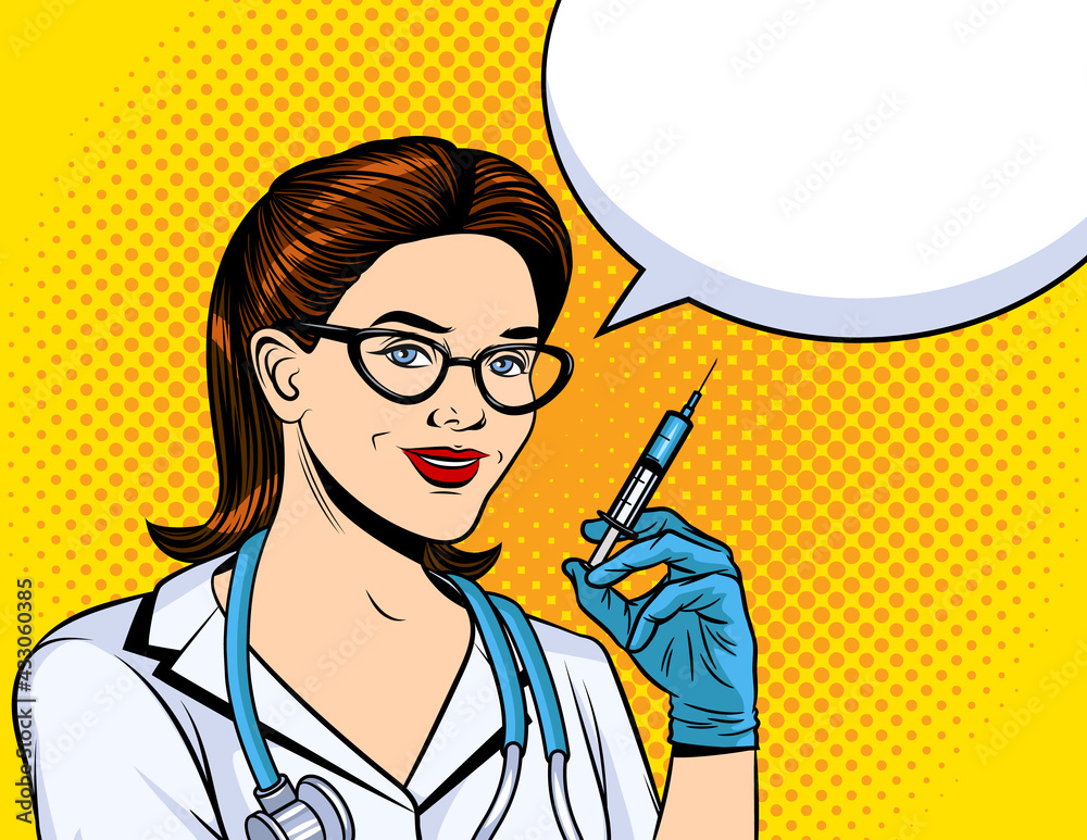 Wall mural vector color illustration in pop art style. the nurse holds a syringe in her hands. girl paramedic i