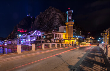 Old Ottoman houses night panoramic view by the Yesilirmak River in Amasya City. Amasya is populer tourist destination in Turkey.