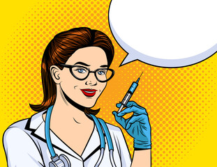 Vector color illustration in pop art style. The nurse holds a syringe in her hands. Girl paramedic in a white coat. Vaccination of the population. The doctor is ready to be vaccinated