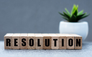 RESOLUTION - word on wooden cubes on a gray background with a cactus