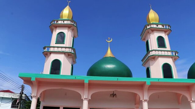 Gold turquoise Thalang Mosque Lil Abidin Mosque architecture Phuket Thailand.
