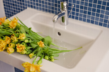 A bouquet of fresh yellow tulips with green stems in a sink with water running from the faucet in a...